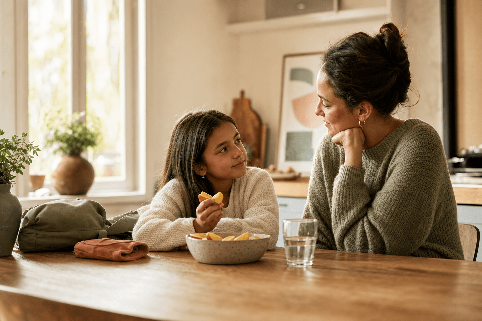 Parent sitting with a child after school in a calm kitchen moment, listening gently while the child has a snack.