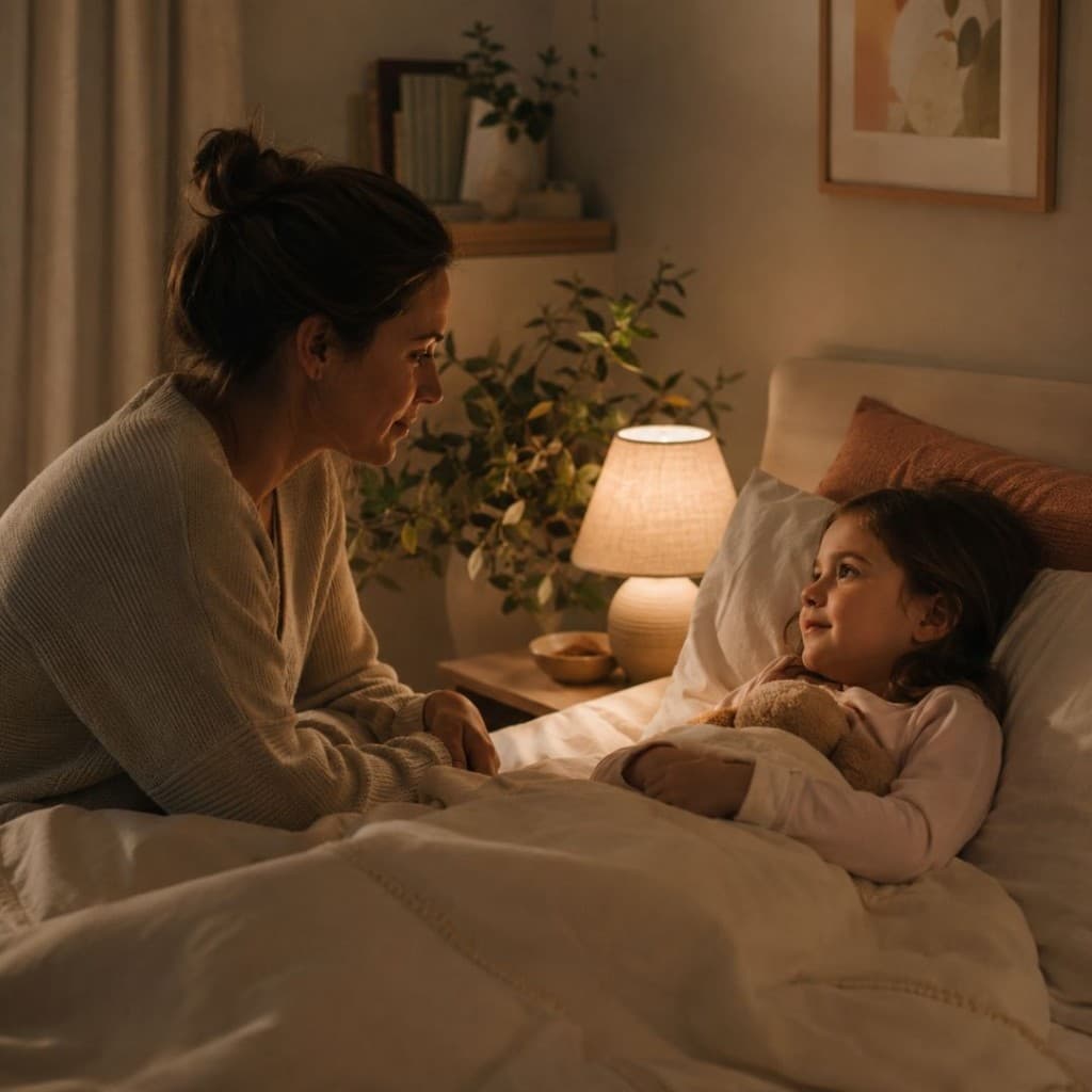 Parent talking with child during bedtime
