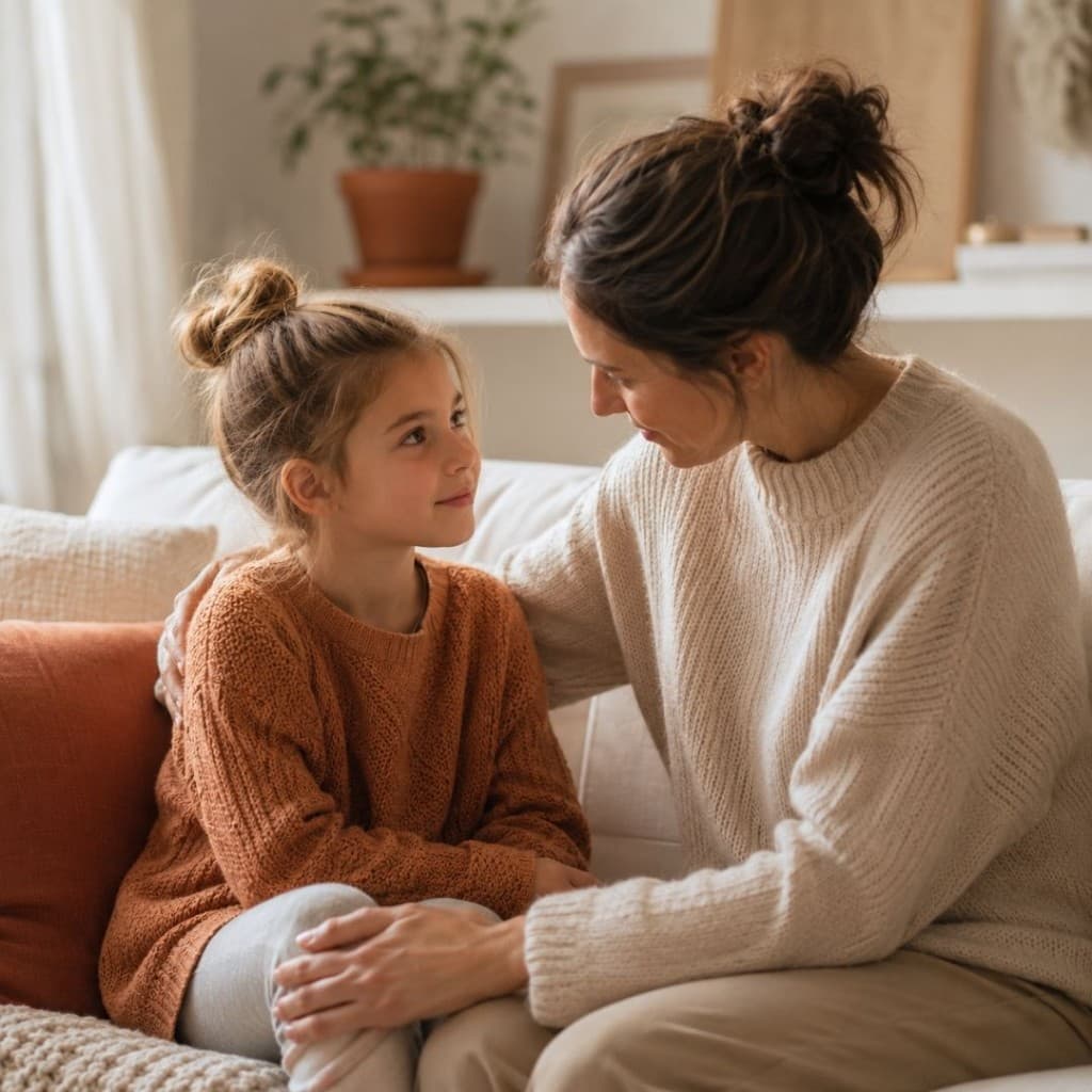 Parent and child having a calm conversation about feelings