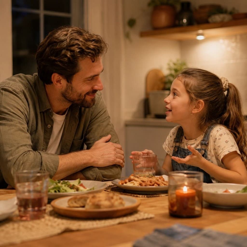 Parent and child talking at the dinner table