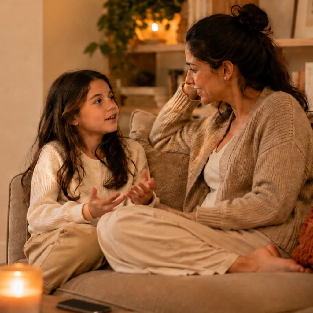 Mother and daughter having a warm conversation together at home