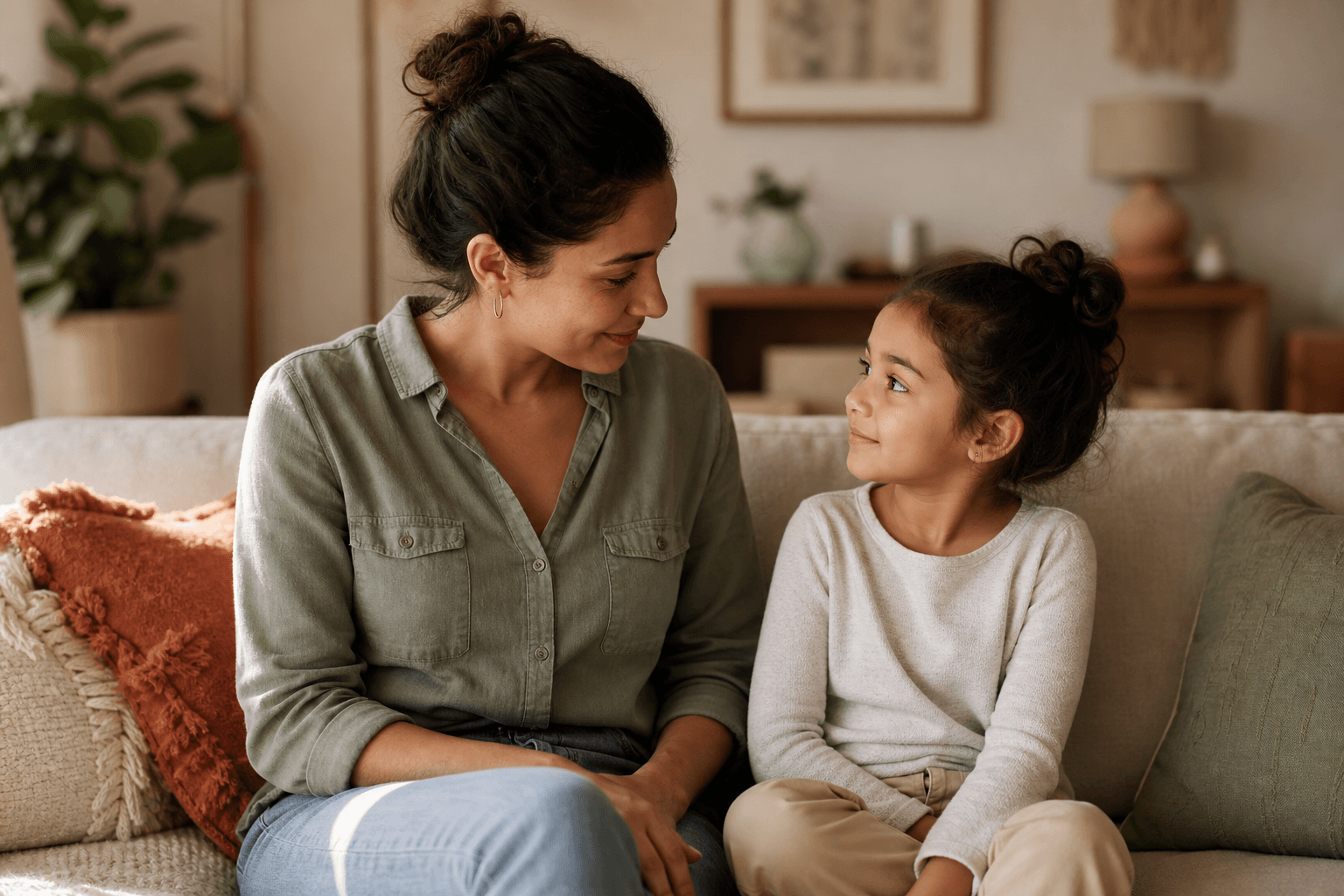 Parent and child sitting side by side in a calm home moment after reconnecting.