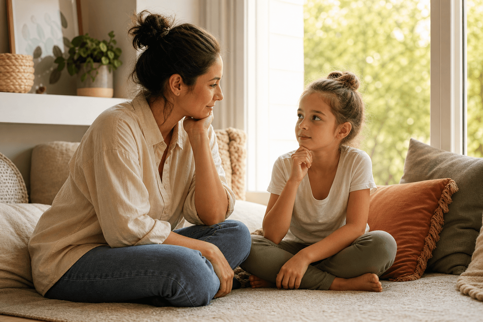 Parent and child sitting side by side at home in a calm, low-pressure conversation.